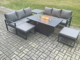 Rackhams Aluminium Outdoor Lounge Sofa Garden Furniture Sets Gas Fire Pit Dining Table Set with 2 Big Footstools Side Table Dark Grey