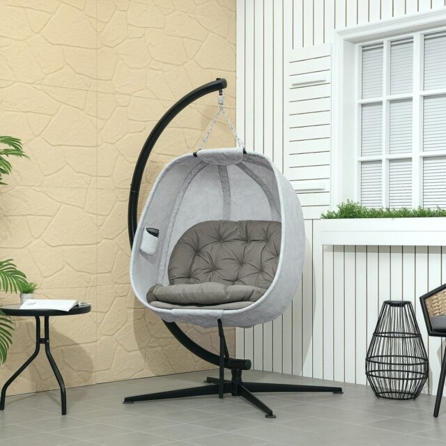 Rackhams Hanging Egg Chair Outdoor Indoor Swing Chair, Folding Basket, Grey - Sand brown