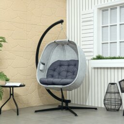 Rackhams Hanging Egg Chair Outdoor Indoor Swing Chair, Folding Basket, Grey - Sand brown - thumbnail 3