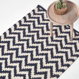 Rackhams Casablanca Handwoven Zig Zag Pattern Dark Blue and White Cotton Kilim Rug - 120 x 170 cm - thumbnail 1
