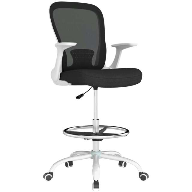 Rackhams Draughtsman Chair, Mesh Drafting Chair, Ergonomic Office Chair with Flip-up Armrest, Adjustable Foot Ring, Black White - Black and White