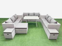 Rackhams 12 Seat Outdoor Patio PE Rattan Garden Furniture with Cushions 3 Seater Sofa 3 Stool Light Grey