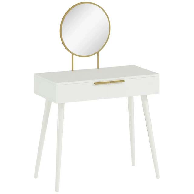 Rackhams Elegant Dressing Table, with Round Mirror, 80 x 40 x 123 cm - White - image 1