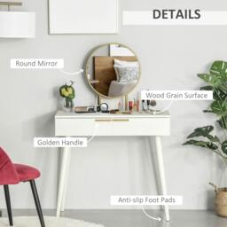 Rackhams Elegant Dressing Table, with Round Mirror, 80 x 40 x 123 cm - White - thumbnail 4
