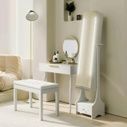 Rackhams Elegant Dressing Table, with Round Mirror, 80 x 40 x 123 cm - White - thumbnail 6