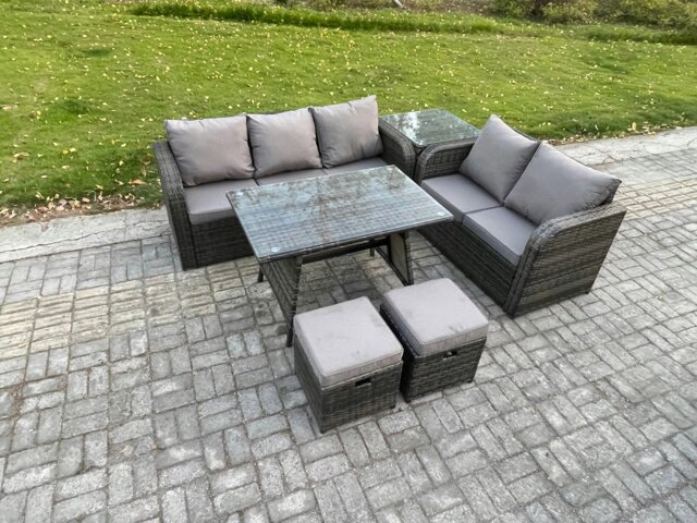 Rackhams High Back PE Rattan Sofa Set Outdoor Garden Furniture Dining Table Set Love Sofa 3 Seater Sofa 2 Small Footstool Side Table - image 1