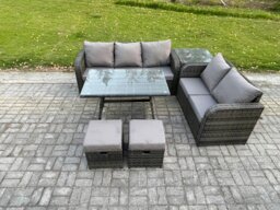Rackhams High Back PE Rattan Sofa Set Outdoor Garden Furniture Dining Table Set Love Sofa 3 Seater Sofa 2 Small Footstool Side Table - thumbnail 2