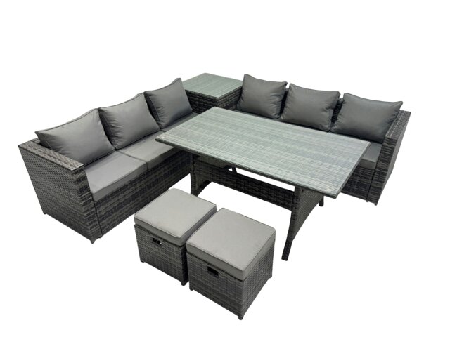 Rackhams 8 Seater Outdoor Corner Sofa Dining Table Set Garden Rattan Furniture Set with Side Table 2 Small Stools Dark Grey - image 1