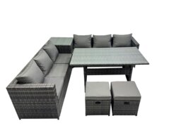 Rackhams 8 Seater Outdoor Corner Sofa Dining Table Set Garden Rattan Furniture Set with Side Table 2 Small Stools Dark Grey - thumbnail 2