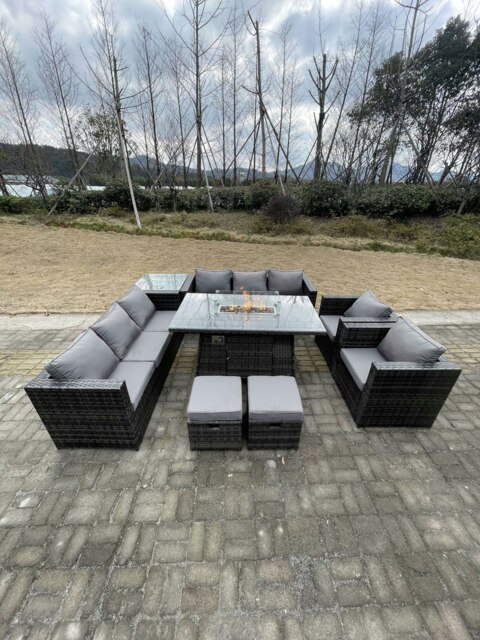 Rackhams 10 Seater Rattan Outdoor Garden Furniture Sofa Set with Gas Fire Pit Dining Table, Chair, Coffee Table, Stools - Dark Grey Mixed - image 1