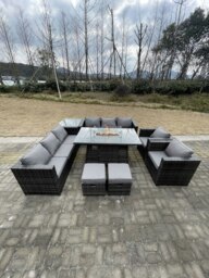 Rackhams 10 Seater Rattan Outdoor Garden Furniture Sofa Set with Gas Fire Pit Dining Table, Chair, Coffee Table, Stools - Dark Grey Mixed - thumbnail 1