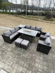 Rackhams 10 Seater Rattan Outdoor Garden Furniture Sofa Set with Gas Fire Pit Dining Table, Chair, Coffee Table, Stools - Dark Grey Mixed - thumbnail 2