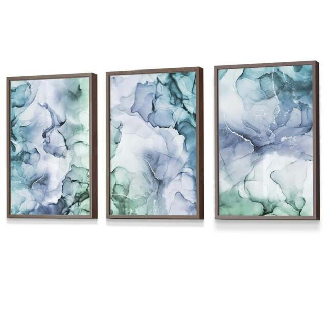 Rackhams Set of 3 Abstract Floral Fluid in Blue Green and Purple Framed Wall Art - 59x84cm (A1) - Light Walnut - image 1