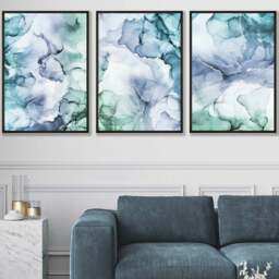 Rackhams Set of 3 Abstract Floral Fluid in Blue Green and Purple Framed Wall Art - 59x84cm (A1) - Light Walnut - thumbnail 2