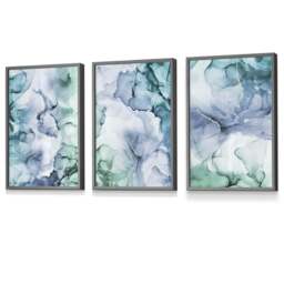 Rackhams Set of 3 Abstract Floral Fluid in Blue Green and Purple Framed Wall Art - 59x84cm (A1) - Light Walnut - thumbnail 6