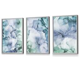 Rackhams Set of 3 Abstract Floral Fluid in Blue Green and Purple Framed Wall Art - 59x84cm (A1) - Light Walnut - thumbnail 3
