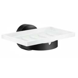 Rackhams Porcelain Rectangular Soap Dish Tray and Matt Black Wall Mounted Holder with Concealed Screws for Bath Shower Bathroom