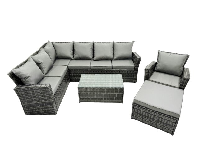 Rackhams 8 Seater High Back Rattan Garden Furniture Set Corner Sofa With Oblong Coffee Table Big Footstool - image 1