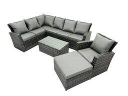 Rackhams 8 Seater High Back Rattan Garden Furniture Set Corner Sofa With Oblong Coffee Table Big Footstool - thumbnail 2