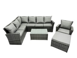 Rackhams 8 Seater High Back Rattan Garden Furniture Set Corner Sofa With Oblong Coffee Table Big Footstool - thumbnail 1