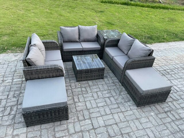 Rackhams 8 Seater Outdoor Garden Furniture Sets Wicker Rattan Furniture Sofa Sets with Square Coffee Table Love seat Sofa 2 Big Footstool Side Table - image 1