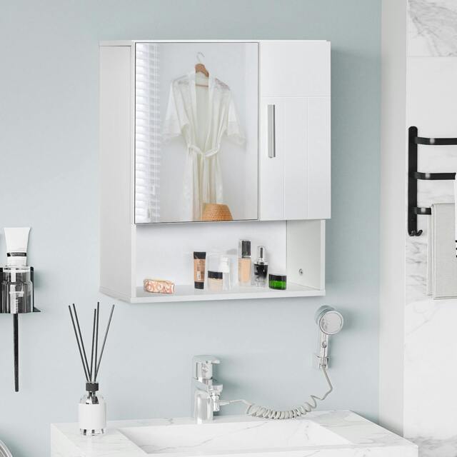 Rackhams Bathroom Mirror Cabinet Wall Mount Storage Organizer w/ Door, White - image 1