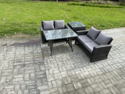 Rackhams Garden Furniture Sets 4 Pieces Wicker Rattan Furniture Manual Wicker Patio Sofa Patio Conversation Set with Side Table Dark Grey Mixed - thumbnail 1