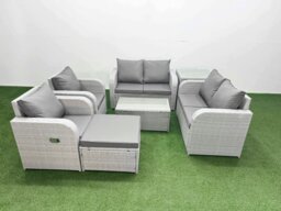 Rackhams 7 Seater Outdoor Reclining Chair Love Sofa Set Rattan Garden Furniture Set with Rectangular Coffee Table Footstool Side Table Light Grey - thumbnail 1