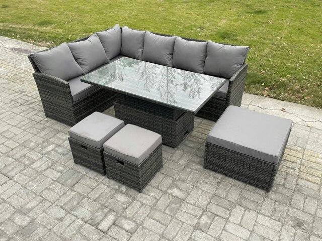 Rackhams Wicker PE Outdoor Rattan Garden Furniture Set Height Adjustable Rising Lifting Table Sofa Dining Set with 3 Footstools Dark Grey Mixed - image 1
