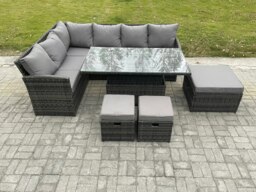 Rackhams Wicker PE Outdoor Rattan Garden Furniture Set Height Adjustable Rising Lifting Table Sofa Dining Set with 3 Footstools Dark Grey Mixed - thumbnail 2
