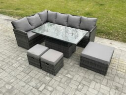 Rackhams Wicker PE Outdoor Rattan Garden Furniture Set Height Adjustable Rising Lifting Table Sofa Dining Set with 3 Footstools Dark Grey Mixed - thumbnail 1