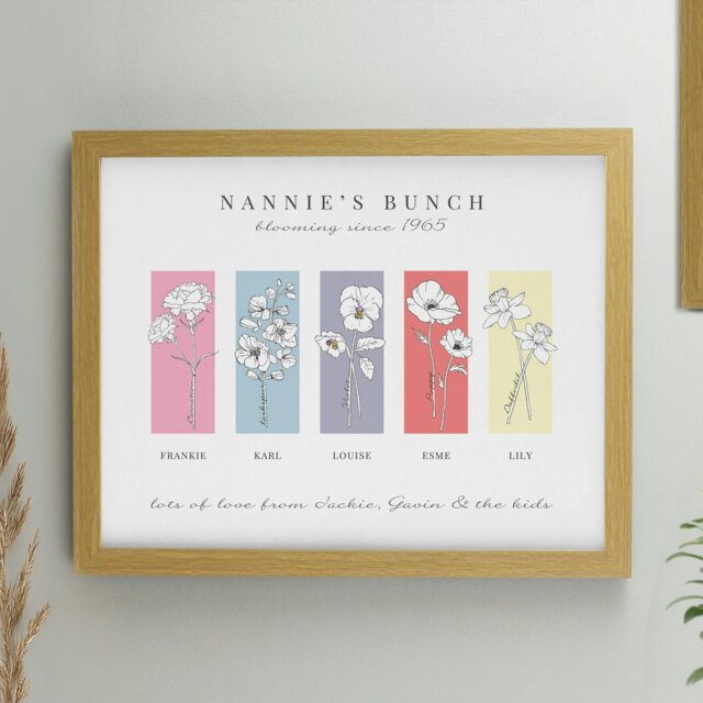 Rackhams Personalised Birth Flower Family of 5 Oak Framed Print - image 1