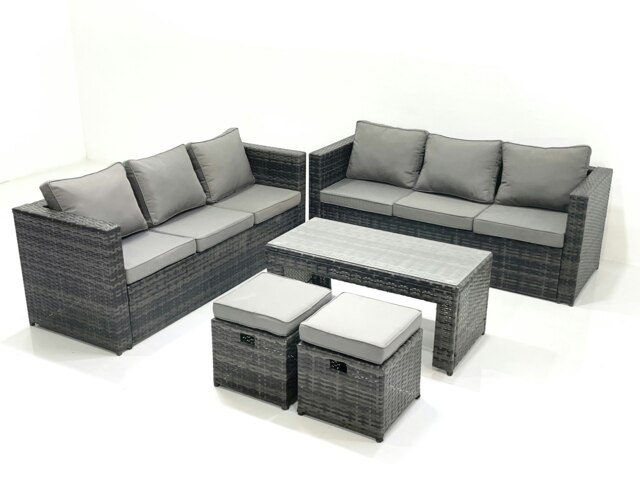 Rackhams 6 Seater Rattan Garden Sofa Lounge Set with Coffee Table & 2 Footstools - Dark Grey - image 1