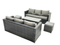Rackhams 6 Seater Rattan Garden Sofa Lounge Set with Coffee Table & 2 Footstools - Dark Grey - thumbnail 2