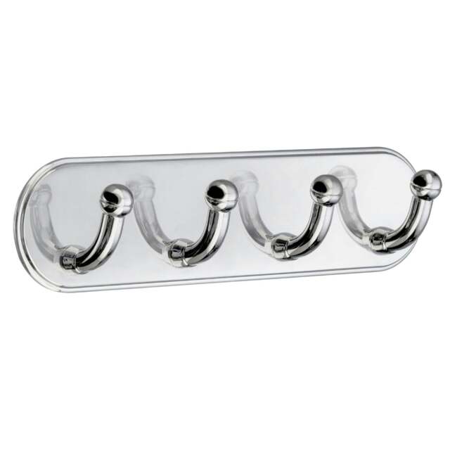 Rackhams Polished Chrome Quadruple Towel Hook (190 x 48mm) Self Adhesive Bathroom Wall Mounted