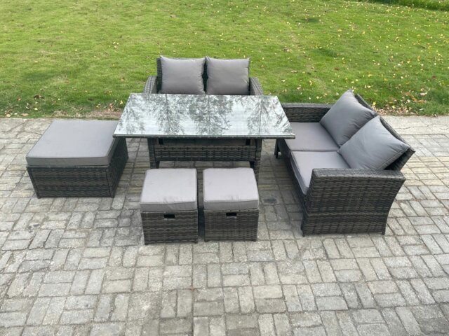 Rackhams 7 Seater High Back Outdoor Garden Furniture Rattan Sofa Dining Table Set with 3 Footstools Dark Grey Mixed - image 1