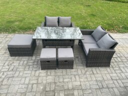 Rackhams 7 Seater High Back Outdoor Garden Furniture Rattan Sofa Dining Table Set with 3 Footstools Dark Grey Mixed - thumbnail 1