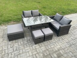 Rackhams 7 Seater High Back Outdoor Garden Furniture Rattan Sofa Dining Table Set with 3 Footstools Dark Grey Mixed - thumbnail 2