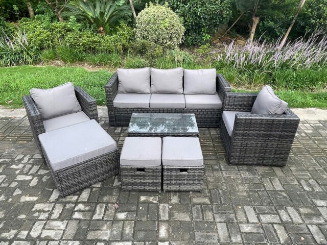 Rackhams Outdoor Rattan Garden Furniture Set with 3 Seater Sofa Coffee Table 2 Armchairs 3 Footstools Patio Lounge Sofa Set Dark Grey Mixed - image 1