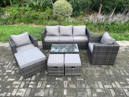 Rackhams Outdoor Rattan Garden Furniture Set with 3 Seater Sofa Coffee Table 2 Armchairs 3 Footstools Patio Lounge Sofa Set Dark Grey Mixed - thumbnail 2
