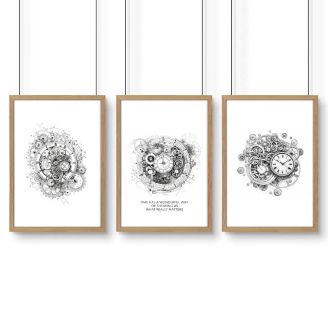 Rackhams Canvas Painting Wall Decor - Set of 3 Abstract Clocks Wall art Prints - A4 8.27 x 11.69 in / 21 x 29.7 cm - Satin Photo paper 280 gsm - Oak Frame - image 1
