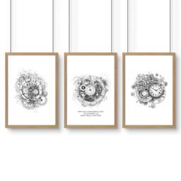 Rackhams Canvas Painting Wall Decor - Set of 3 Abstract Clocks Wall art Prints - A4 8.27 x 11.69 in / 21 x 29.7 cm - Satin Photo paper 280 gsm - Oak Frame - thumbnail 1