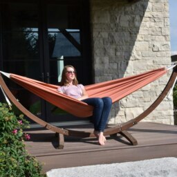 Rackhams Double Sunbrella Hammock with Solid Pine Arc Stand - Coral - thumbnail 2