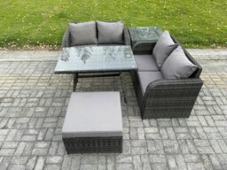 Rackhams Outdoor Garden Furniture Sets 5 Pieces Wicker Rattan Furniture Sofa Sets with Rectangular Dining Table Love Sofa Big Footstool Side Table