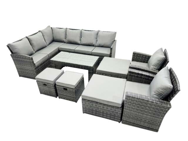 Rackhams 12 Seat Poly Rattan Outdoor Patio Oblong Coffee Table Corner Sofa Set with 4 Stools Chair for Garden Backyard Dark Grey Mixed - image 1