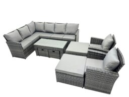 Rackhams 12 Seat Poly Rattan Outdoor Patio Oblong Coffee Table Corner Sofa Set with 4 Stools Chair for Garden Backyard Dark Grey Mixed - thumbnail 2