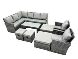 Rackhams 12 Seat Poly Rattan Outdoor Patio Oblong Coffee Table Corner Sofa Set with 4 Stools Chair for Garden Backyard Dark Grey Mixed - thumbnail 1