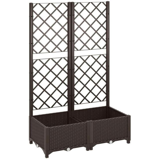 Rackhams Raised Garden Bed with Trellis, Plastic Planter Box with Drainage Holes, Drain Plugs and Water Reservoirs, Brown