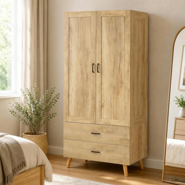 Rackhams 2 Door Wardrobe with 2 Drawers and Hanging Rail for Bedroom - image 1