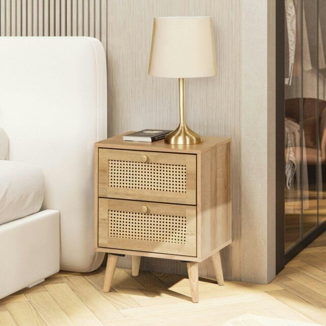 Rackhams Manila Rattan 2 Drawer Bedside Table - Oak and PVC Rattan